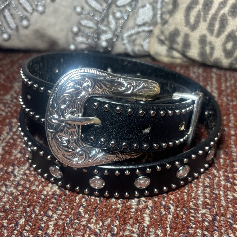 Vintage NOCONA belt Black Studded Leather Belt Silver Buckle rhinestone glamor
